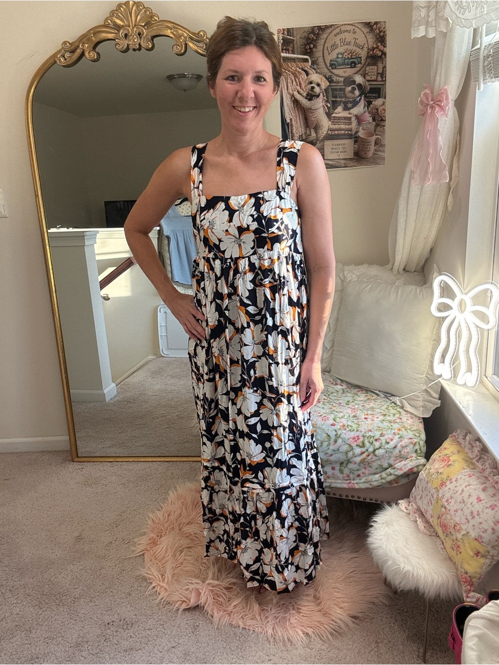 Like love Floral Square-Neck Maxi Dress - Black/White/Orange